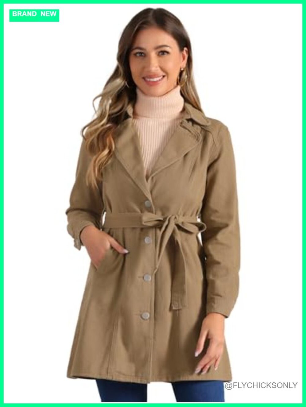Women's Denim Trench Jacket Notched Lapel Long Sleeve Button Down Jean Coat